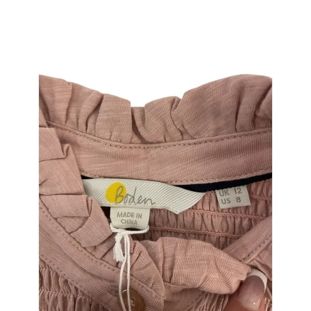 Boden Womens Top Shirt UK 12 US 8 Pink Puff Sleeve Smocked Blouse T0878 NWT